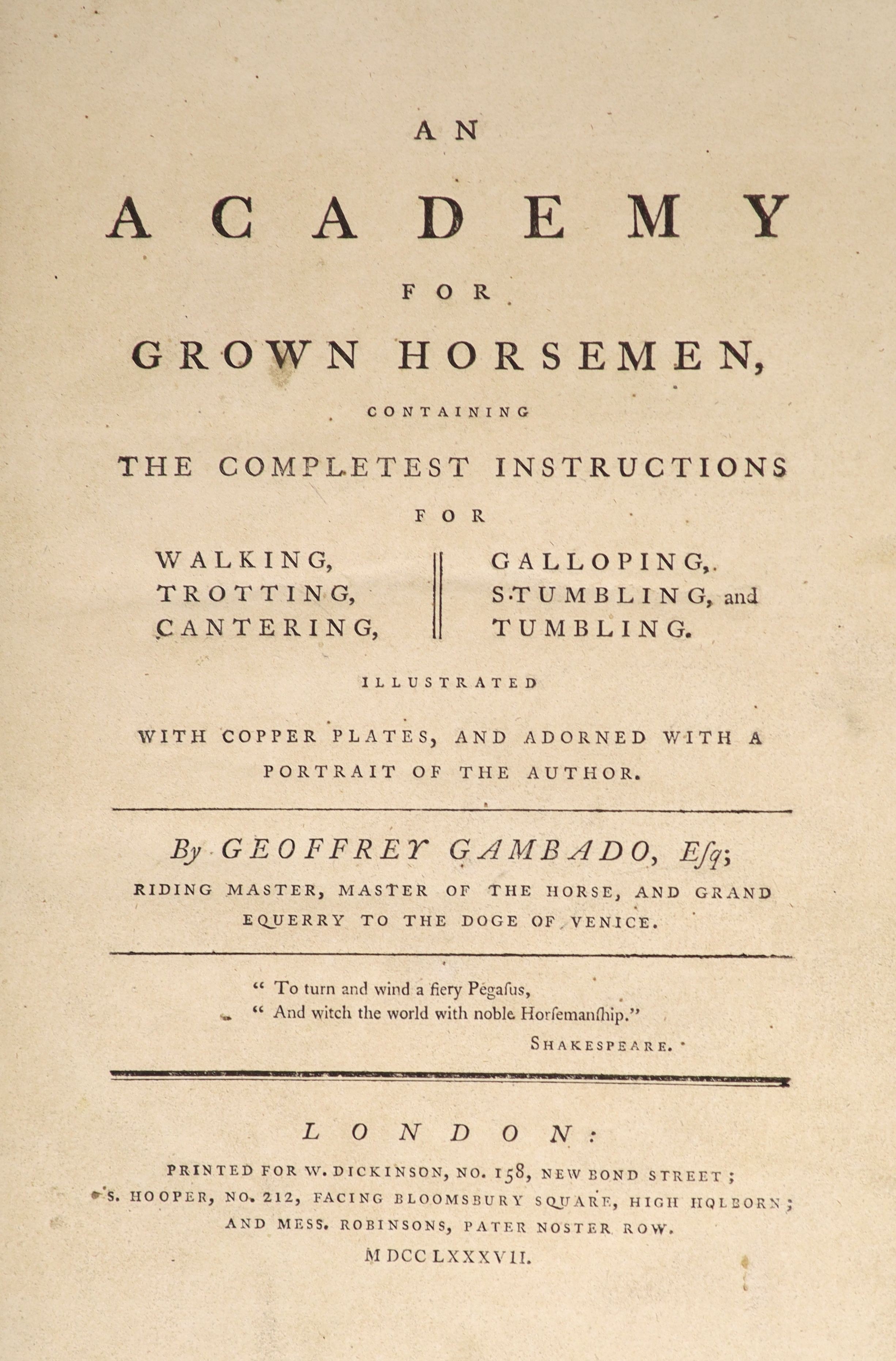 Bunbury, Henry W - An Academy for Grown Horsemen, 1st edition, folio, rebound half calf, with 12 plates, London, 1787
